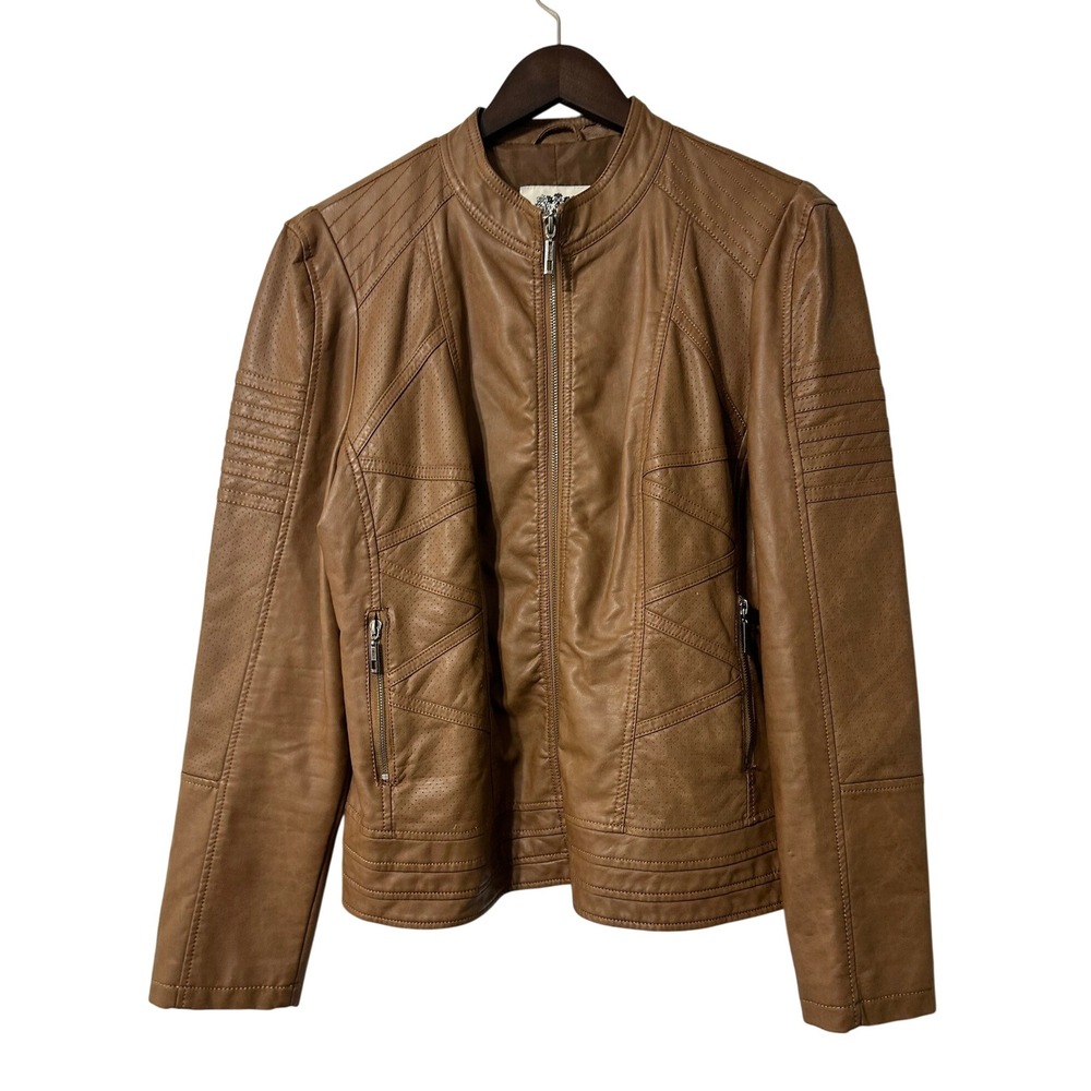 Made By Johnny Moto Jacket Women XXL Tan Faux Leather Perforated Biker Jacket